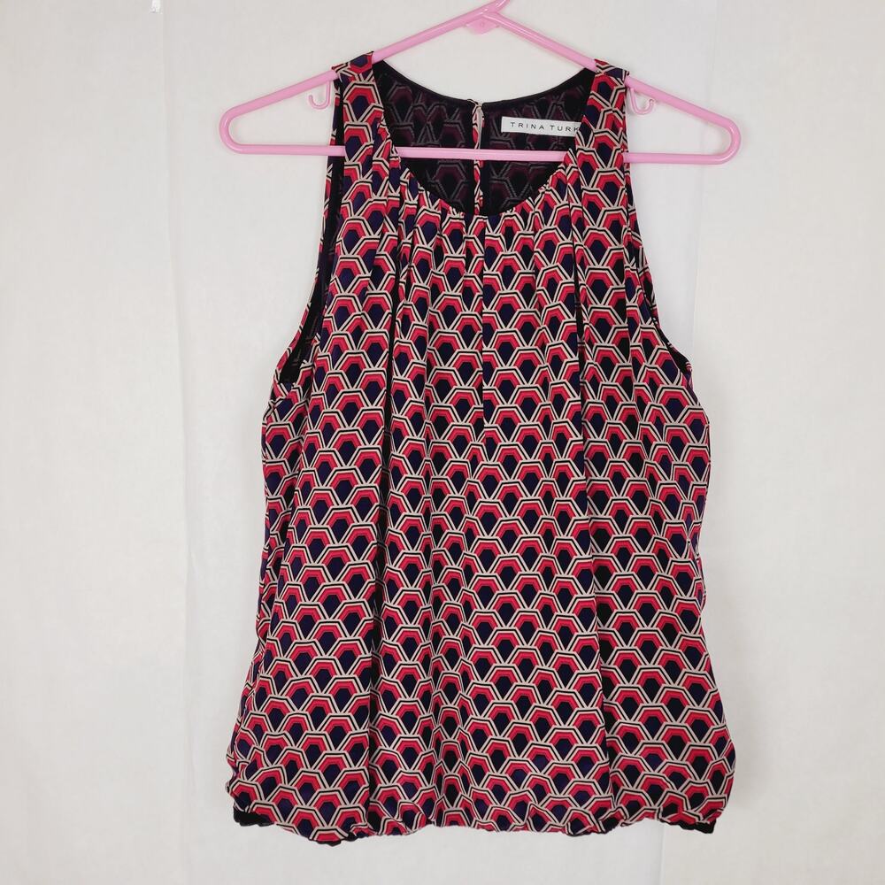 Trina Turk 100% silk blue geometric print elastic bubble hem blouse office retro